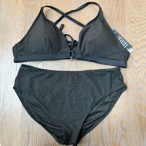 Blooming Jelly Black Leopard Jacquard Bikini Set High Waisted Starfish Charm NEW